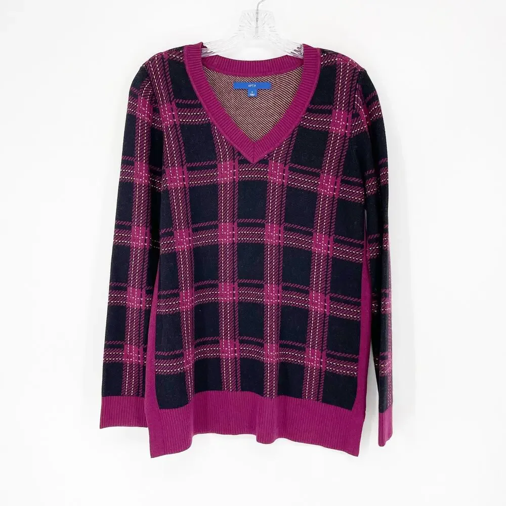 Apt. 9 Purple & Black Plaid V-Neck Sweater Size Small